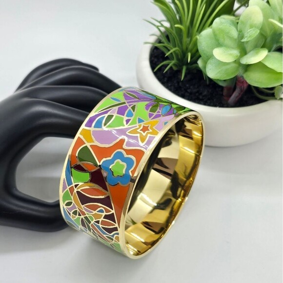 Beautiful GOLD-TONE Enamel Bangle Cuff Bracelet Vibrant Colors. - Picture 7 of 7